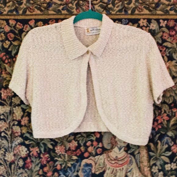 Knit Shrug Oatmeal 60s vintage button cape collar - Picture 2 of 8